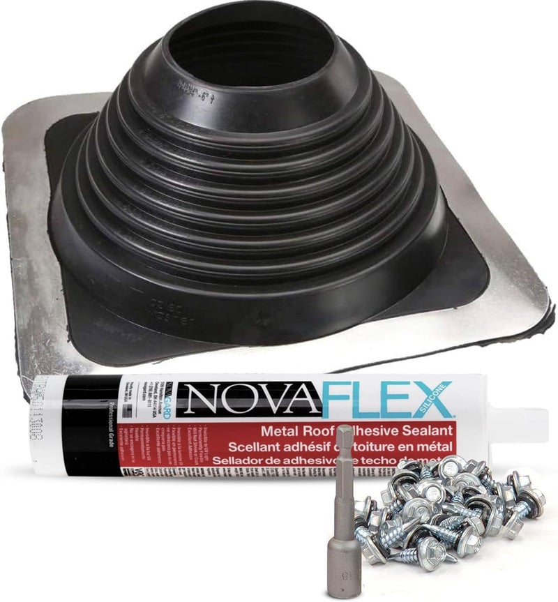 Fasteners Plus Store #6 Square EPDM Metal Roof Pipe Flashing Boot Kit - Fits 4-3/4" - 10" Pipe OD - Includes Flashing, NovaFlex Sealant & Roofing Stitch Screws - Black (Made in USA) - Image 1