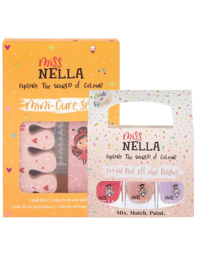 Miss NELLA NAIL KIT & Good Vibes- Nail accessories for kids- 3 peel off nail polish, nail stickers, tattoos, nail filer & toe separators- all designed foe children hands & toes - Image 1