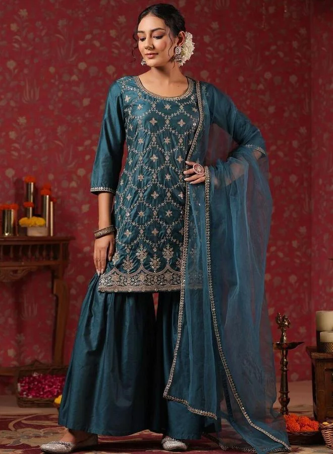 آي شين طقم كورتا وبنطال مع شال بلون تيل بخليط حرير