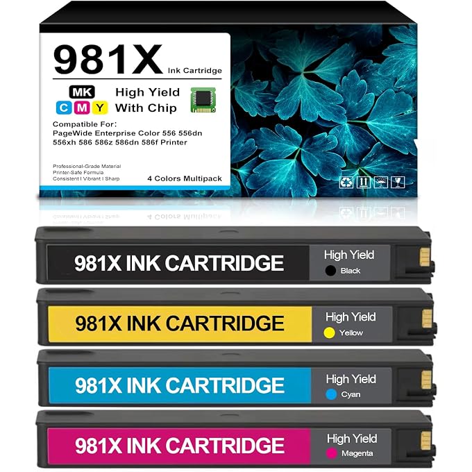 981X Ink Cartridges High Yield L0R12A L0R09A L0R10A L0R11A Replacement for PageWide Enterprise Color 556 556dn 556xh 586 586z 586dn 586f Printer (Black Magenta Cyan Yellow)