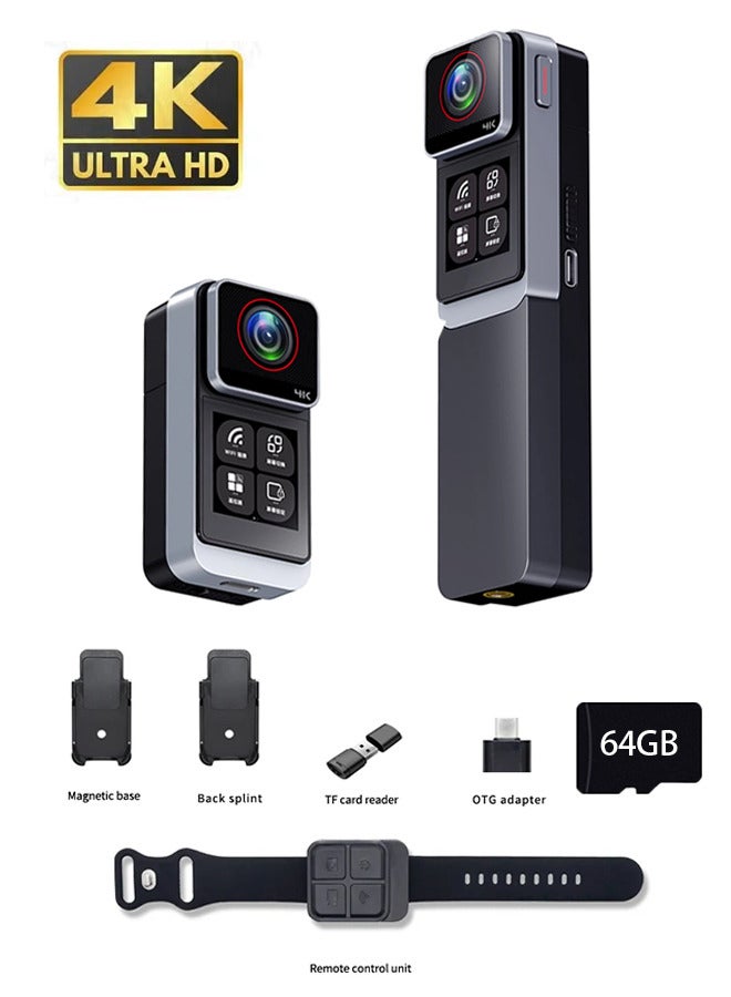4K HD handheld pocket camera with six-axis gyro anti-shake technology and dual color touch screen. Includes a free 64GB memory card and card reader, water-resistant up to 30 meters. Features live br - Image 1