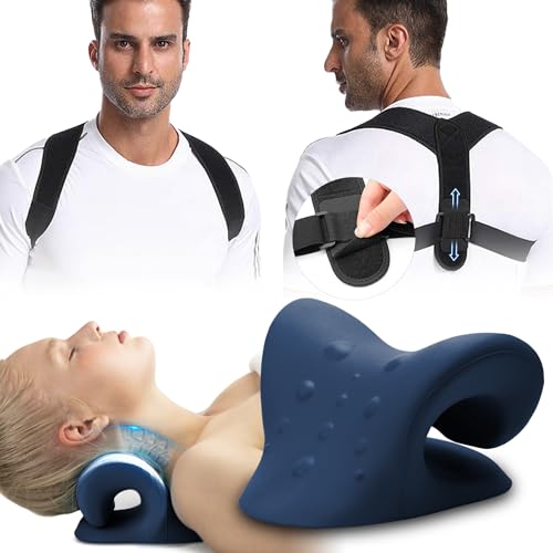 iBYWM Neck Stretcher Posture Corrector for Women and Men Cervical Traction for Spine Alignment Adjustable Upper Back Brace Elastic Support for Shoulder Back Pain Relief Dark Blue - Image 2