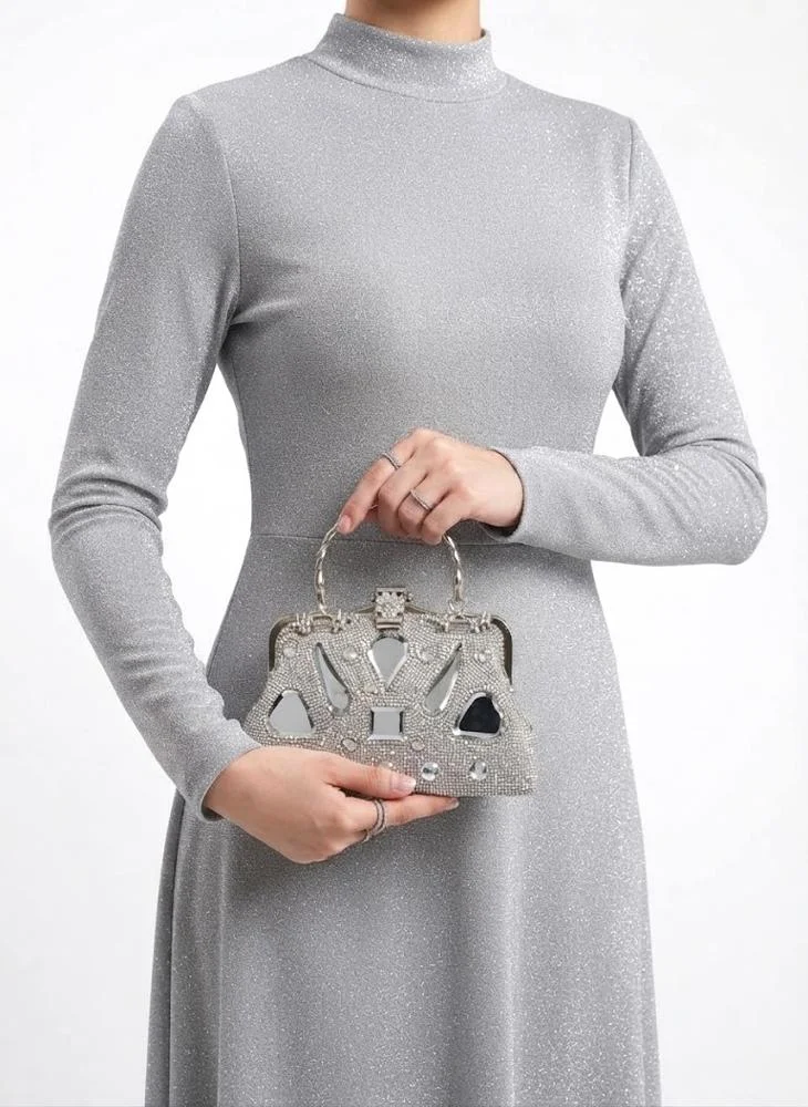 Viny Silver Viny Women's Statement Crystal Frame Clutch – Gemstone Embellished with Metal Ring Handle for Women | Best Price UAE