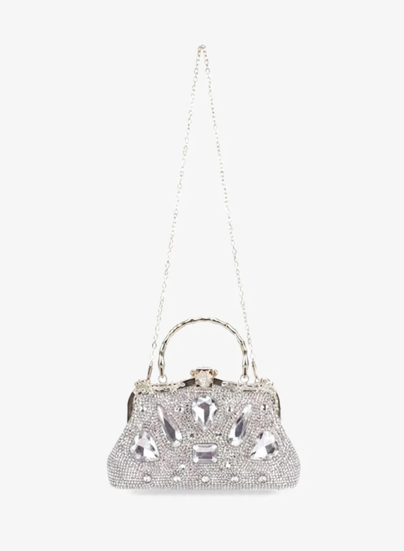 Viny Silver Viny Women's Statement Crystal Frame Clutch – Gemstone Embellished with Metal Ring Handle for Women | Best Price UAE