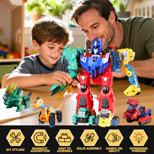 VEAIS Magnetic Transform Dinosaur Robot Toys6 in 1 Transforming Robots Toy for KidsEasy DIY Assembly FunctionToddler Robot Construction Vehicles SetEducational STEM Toys for 3 4 5 6 Year Old Boys - Image 5