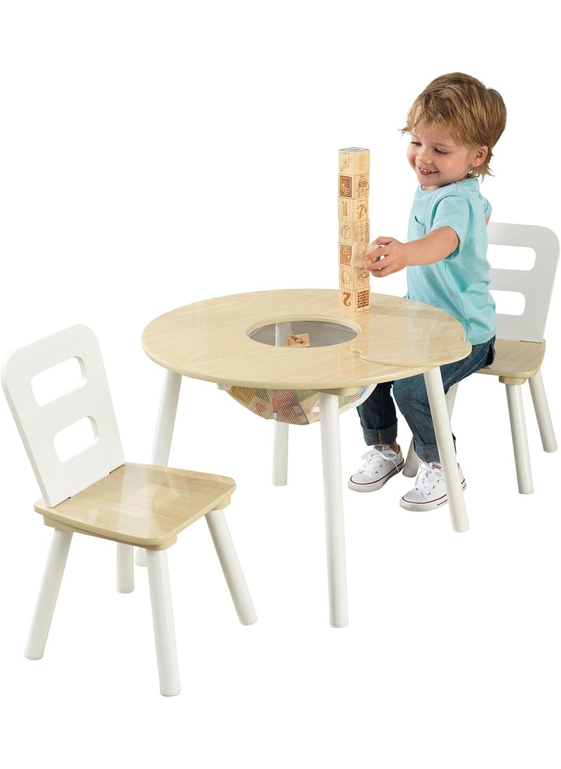 KidKraft KidKraft Wooden Round Table  2 Chair Set with Center Mesh Storage  Natural  White Gift for Ages 36  - Image 1