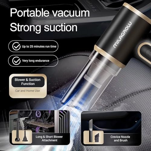 MILAGROW Duster Gold Portable Vacuum Cleaner with 6500Pa Suction, Handheld Portable Vacuum Cleaner & Blower, Cordless & Rechargeable with Multipurpose Accessories for Car/Home/Office/Outdoors - Image 3