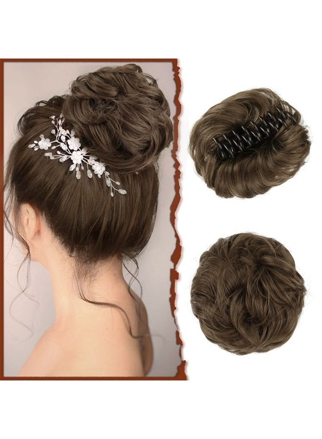 SOFEIYAN Claw Clip Messy Bun Hair Piece Wavy Curly Hair Bun Clip in Claw Chignon Ponytail Hairpieces Synthetic Tousled Updo Hair Extensions Scrunchie Hairpiece for Women, Golden Brown - Image 1