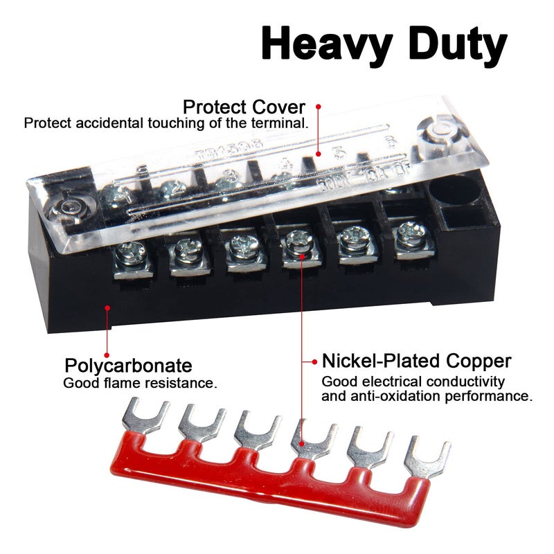 MILAPEAK 6 Sets Terminal Blocks, 4/5/6 Positions 600V 15A Dual Row Wire Screw Terminal Strip Block with Cover + 400V 15A Pre-Insulated Bus Bar Terminals Barrier Strips Jumpers (Black & Red) by - Image 3