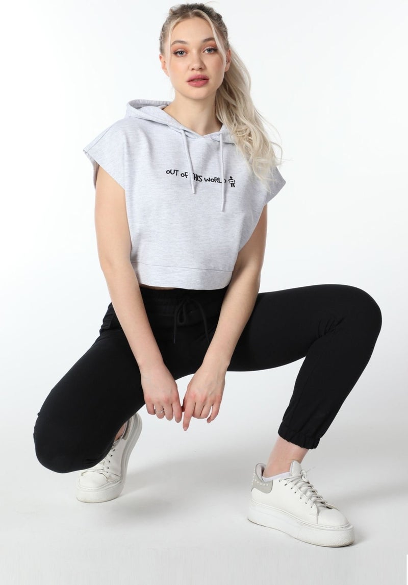 Defy's Women's Printed Hooded Crop Sweat Snow Melange  - Image 1