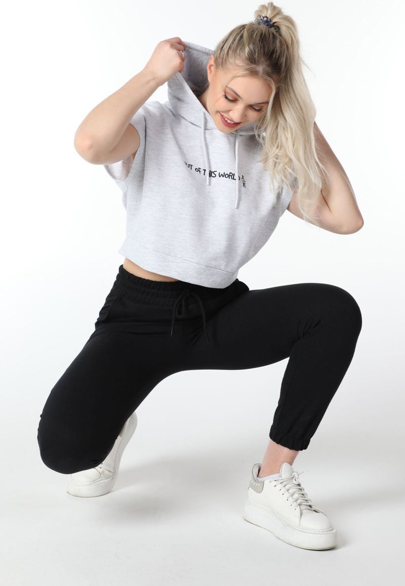 Defy's Women's Printed Hooded Crop Sweat Snow Melange  - Image 5