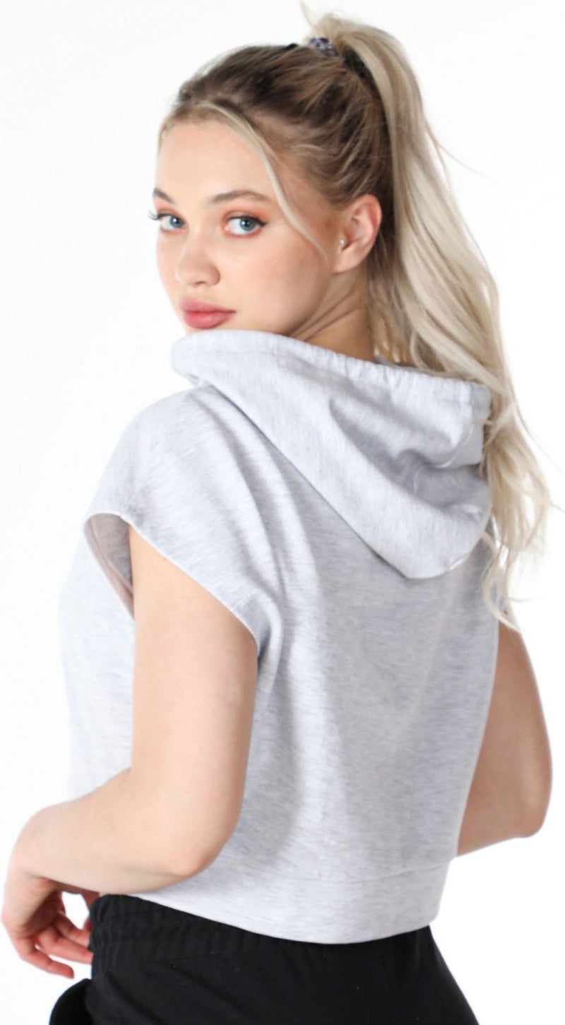 Defy's Women's Printed Hooded Crop Sweat Snow Melange  - Image 2