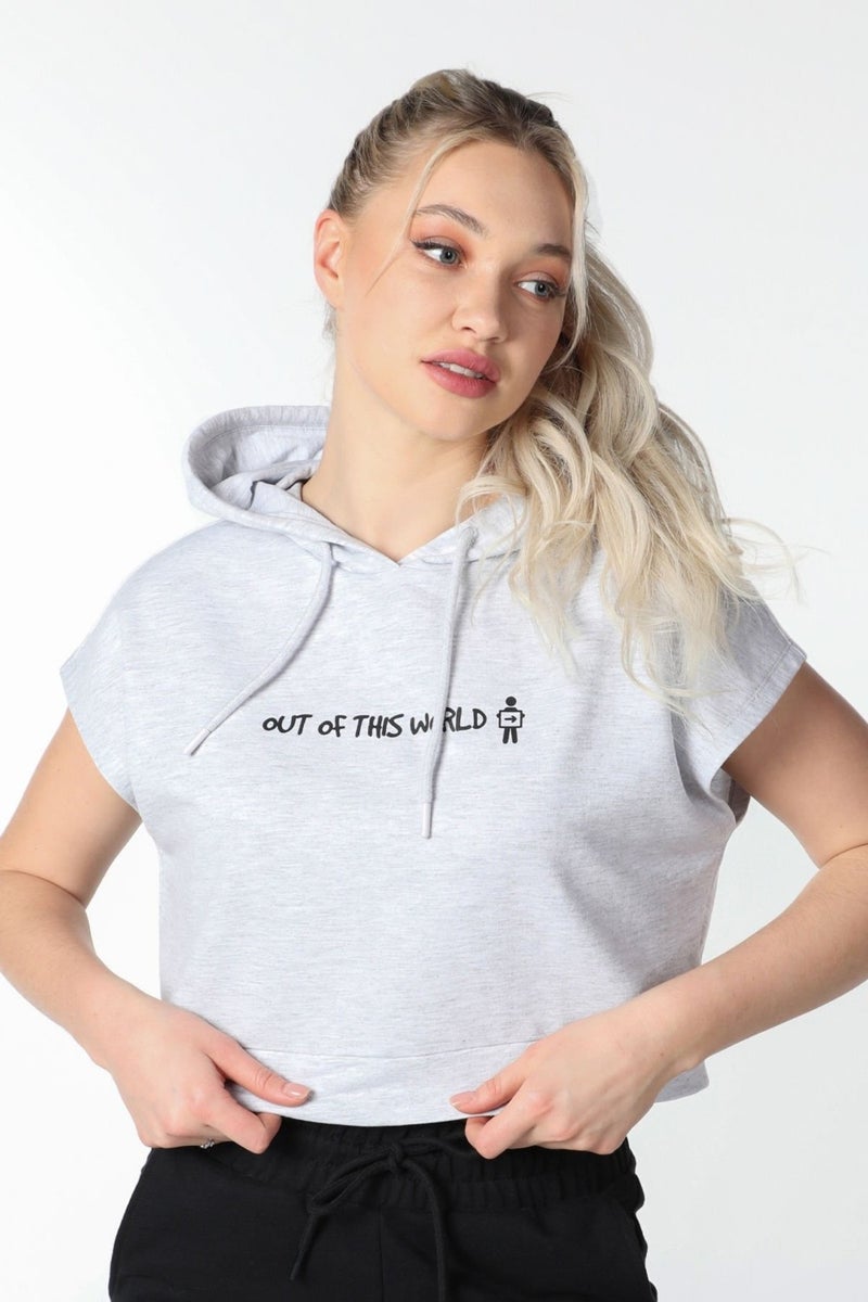 Defy's Women's Printed Hooded Crop Sweat Snow Melange  - Image 3