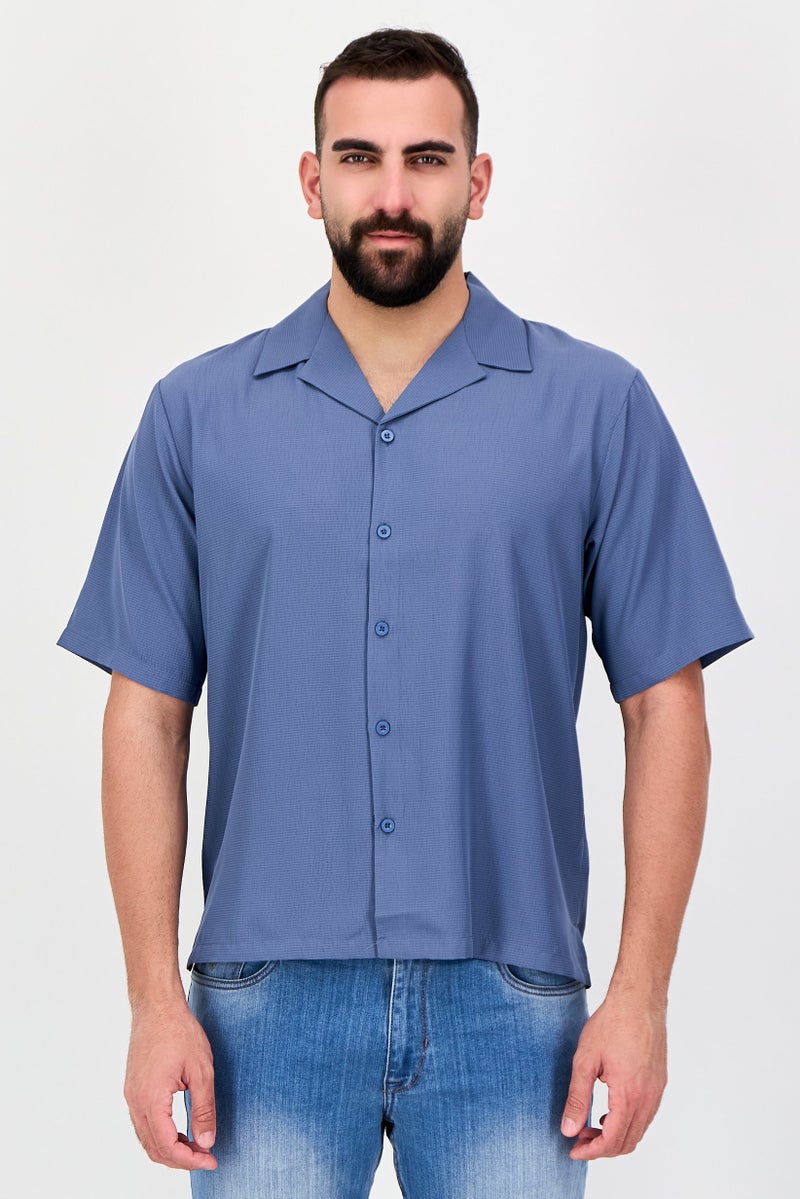 Aeropostale قميص رجالي بقصة عادية بأكمام قصيرة بتصميم منسوج، أزرق رمادي - Image 1