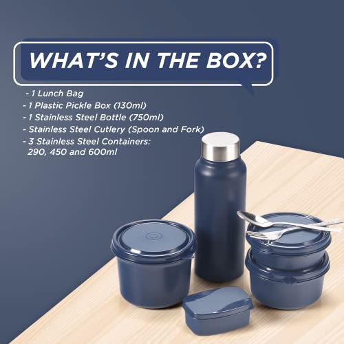 SOPL-OLIVEWARE Teso Pro Lunch Box with Steel Cutlery,3 Microwave Safe Inner Containers with Bpa Free Lids(290Ml,450Ml&600Ml) Plastic Pickle Box(130Ml) Steel Water Bottle(750Ml)-Red,1470 Ml - Image 3
