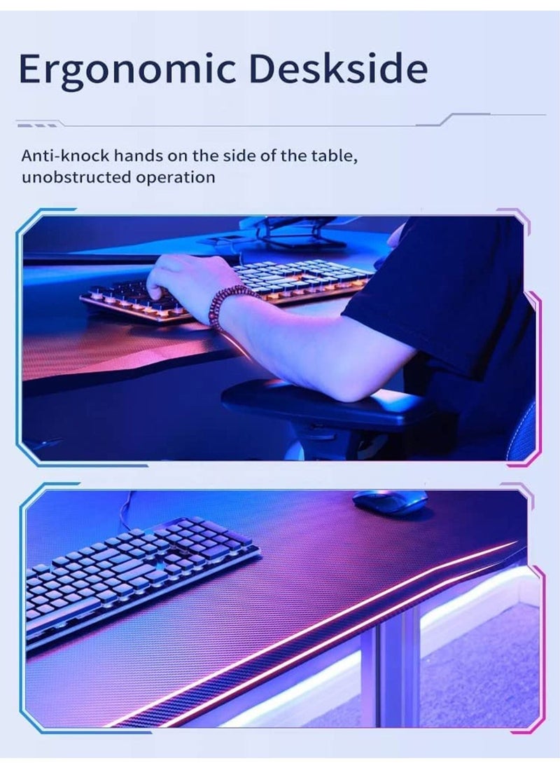 GT-Wheel - Ergonomic Gaming Desk with RGB LED Lights Computer Gamer Table with Carbon Fiber Desktop and Cup Holder & Headphone Hook - Image 1
