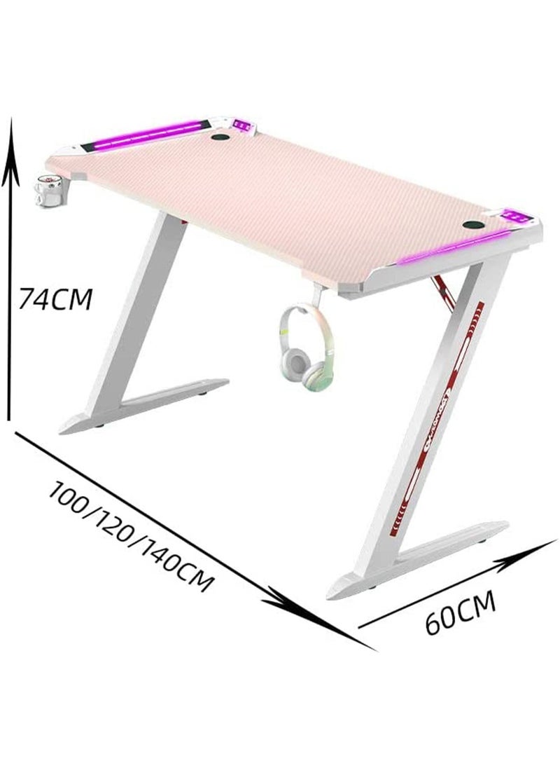 GT-Wheel - Ergonomic Gaming Desk with RGB LED Lights Computer Gamer Table with Carbon Fiber Desktop and Cup Holder & Headphone Hook - Image 1