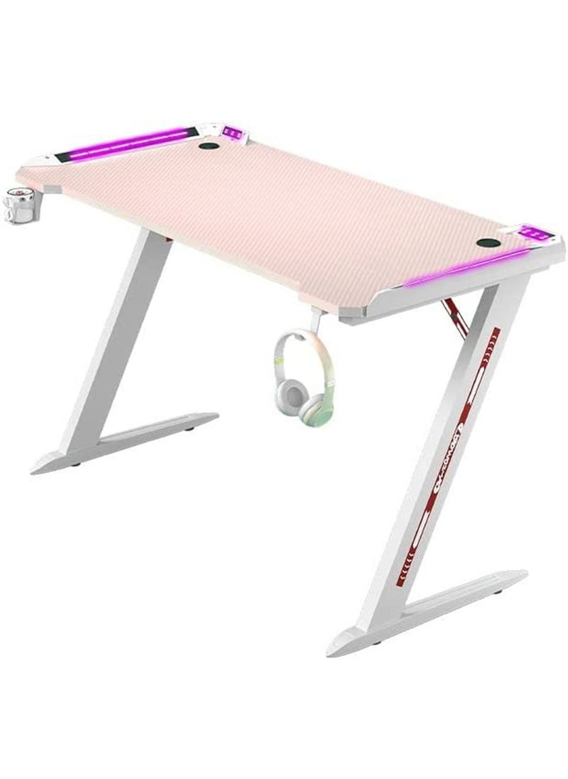 GT-Wheel - Ergonomic Gaming Desk with RGB LED Lights Computer Gamer Table with Carbon Fiber Desktop and Cup Holder & Headphone Hook - Image 1
