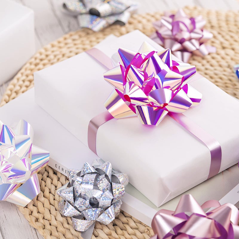 WRAPAHOLIC 14 Pcs Gift Bows Assortment - 12 Multi Colored Assorted Size Gift Bows (Purple, Pink, White, Rose Gold, Silver) and 2 Crimped Curling Ribbons, Perfect for Christmas, Holiday, Party - Image 3