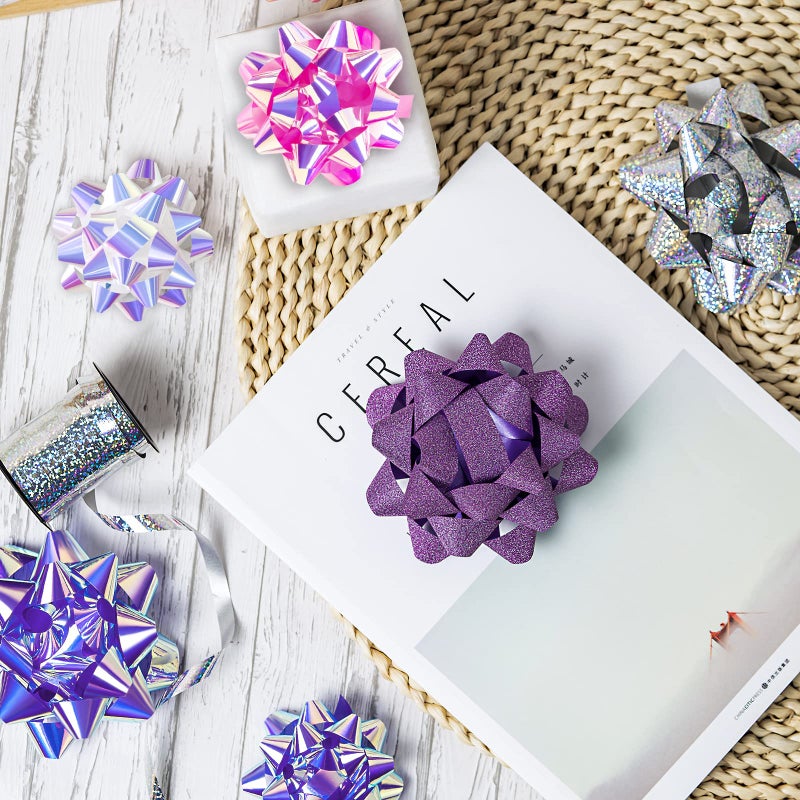 WRAPAHOLIC 14 Pcs Gift Bows Assortment - 12 Multi Colored Assorted Size Gift Bows (Purple, Pink, White, Rose Gold, Silver) and 2 Crimped Curling Ribbons, Perfect for Christmas, Holiday, Party - Image 5