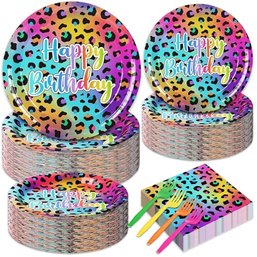 Whaline 120Pcs Neon Rainbow Leopard Birthday Supplies Girls Sparkly Splatter Paper Tableware Set Leopard Print Dinnerware 48Pcs Plate 48Pcs Napkin 24Pcs Plastic Forks for Girls Cheetah Birthday Party - Image 1