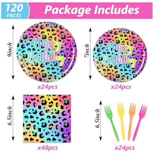 Whaline 120Pcs Neon Rainbow Leopard Birthday Supplies Girls Sparkly Splatter Paper Tableware Set Leopard Print Dinnerware 48Pcs Plate 48Pcs Napkin 24Pcs Plastic Forks for Girls Cheetah Birthday Party - Image 5