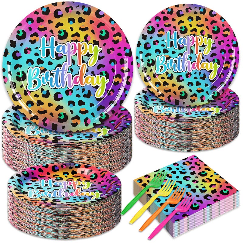 Whaline 120Pcs Neon Rainbow Leopard Birthday Supplies Girls Sparkly Splatter Paper Tableware Set Leopard Print Dinnerware 48Pcs Plate 48Pcs Napkin 24Pcs Plastic Forks for Girls Cheetah Birthday Party - Image 3