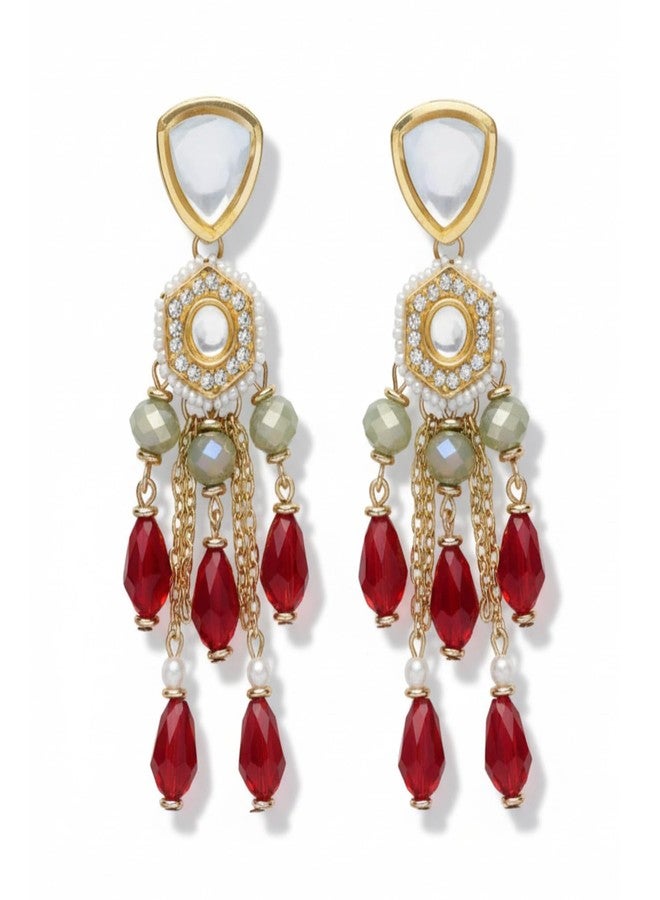 SANJOYA by EVERSTYLISH Kundan Earrings for Women | Polki & Red Bead Dangler Earrings | Ethnic Jewelry for Weddings, Festivals & Special Occasions - Image 1