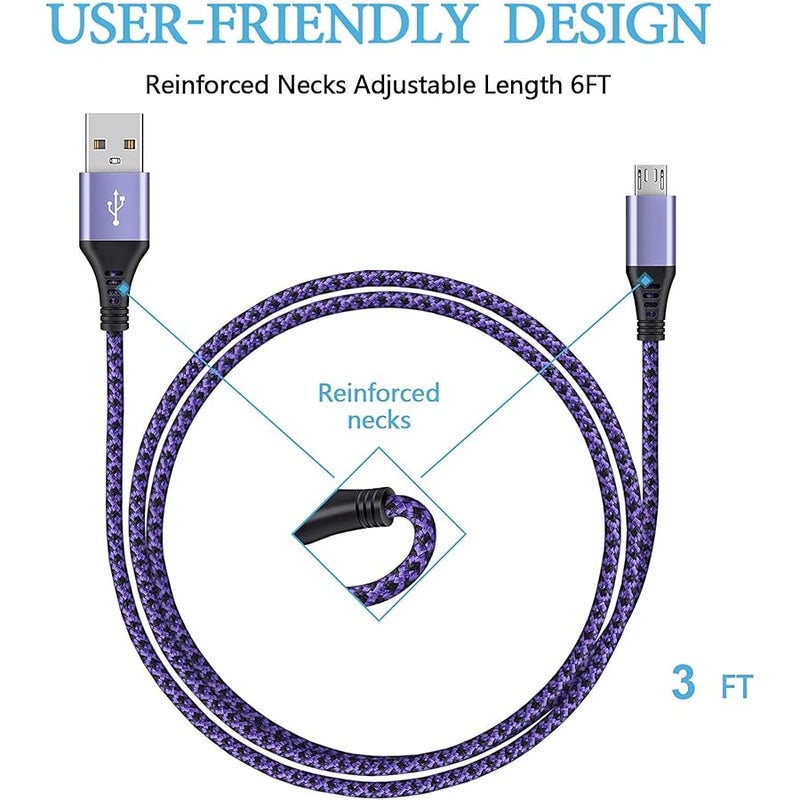 كيبل مايكرو USB، 【4 قطع/3 اقدام】 سلك شاحن اندرويد USB ذكر الى مايكرو بي، سلك بيانات سريع الشحن من النايلون المضفر، كيبل باورلاين لسامسونج جالاكسي S7 S6 J7 J3 J8 A01 Kindle Fire Droid - Image 3