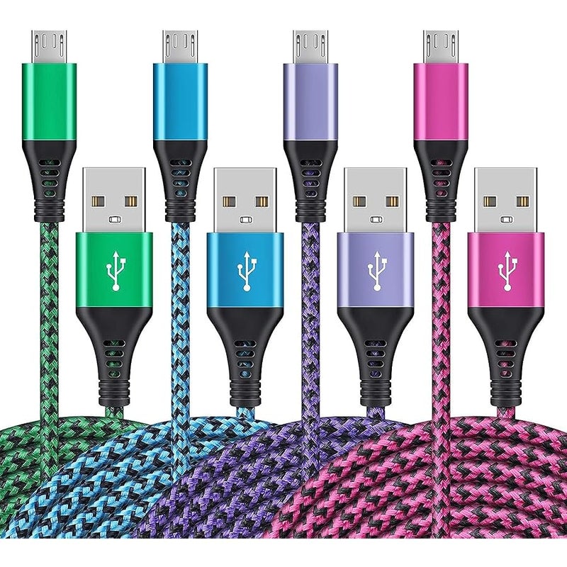 كيبل مايكرو USB، 【4 قطع/3 اقدام】 سلك شاحن اندرويد USB ذكر الى مايكرو بي، سلك بيانات سريع الشحن من النايلون المضفر، كيبل باورلاين لسامسونج جالاكسي S7 S6 J7 J3 J8 A01 Kindle Fire Droid - Image 1
