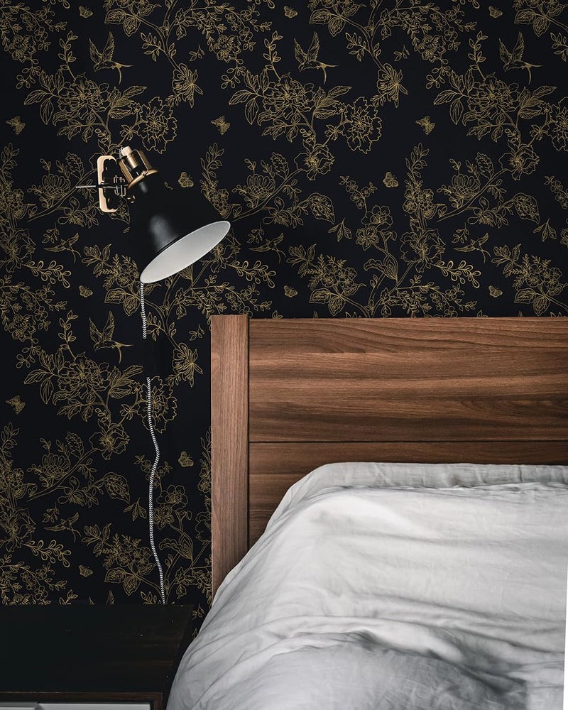 Froluya Black and Gold Wallpaper Peel and Stick Wallpaper 17.7"x393.7" Vintage Floral Boho Peel and Stick Wall Paper Dark Removable Self Adhesive Contact Paper for Bedroom Cabinets Shelf Liner Vinyl - Image 2