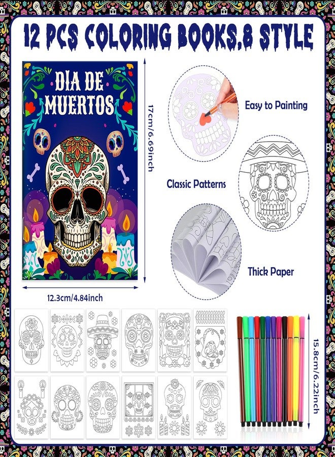 هواف مجموعة HOWAF المكونة من 12 كتاب تلوين ليوم الموتى مع 12 قلم تلوين، صفحات تلوين ليوم الموتى، رسومات جمجمة السكر، دفاتر رسم صغيرة لحفلات يوم الموتى المكسيكية، أنشطة صفية للهالوين - Image 2