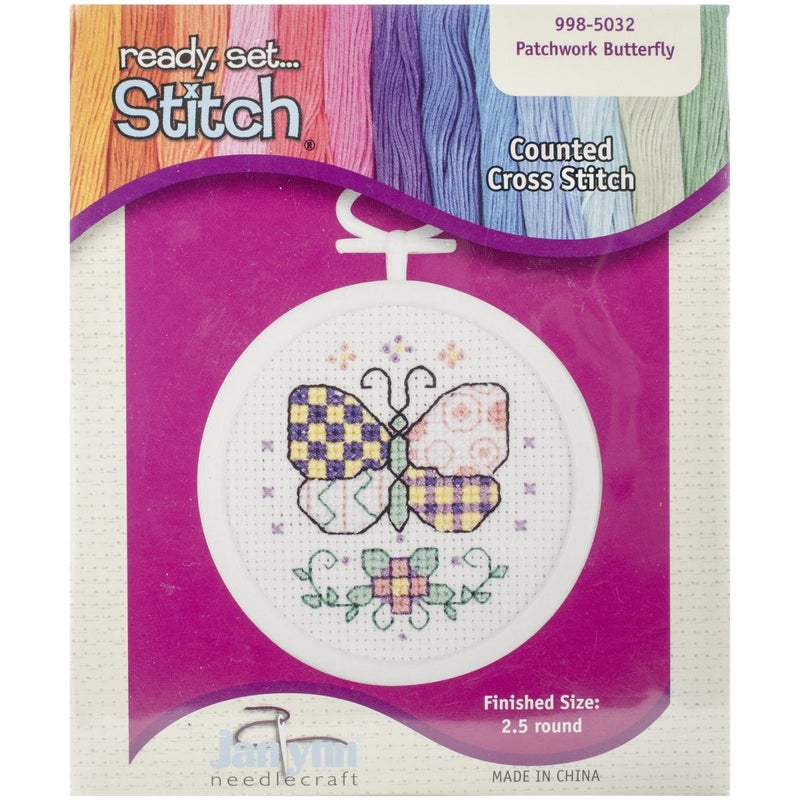 Janlynn 18 Count Round Mini Counted Cross Stitch Kit 212Inch Patchwork Butterfly