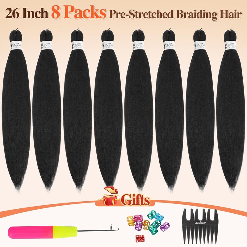 BARSDAR Pre Stretched Braiding Hair, 66 cm, 8 Packs Long Braiding Hair Jet Black for Crochet Twist or Box Braids, EZ Braids, Yaki Hot Water Setting Synthetic Braids Hair Extension - 1B# Jet Black - Image 2