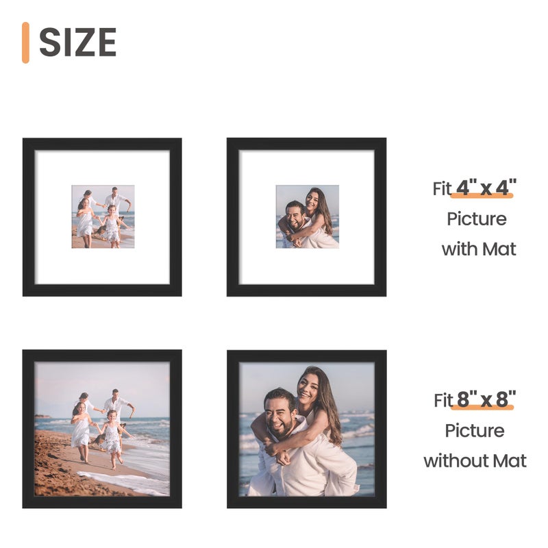 upsimples 8x8 Picture Frame, Display Pictures 4x4 with Mat or 8x8 Without Mat, Wall Hanging Photo Frame, Black, 1 Pack - Image 3