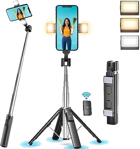 Sanyaa 41” Selfie Stick Tripod Quadrapod with 2 Rechargeable Fill Light, Extendable Tripod with Bluetooth Remote, Stainless Steel, 3 Light Modes, 9 Brightness Levels, Compatible for All iPhone & Android - Image 1