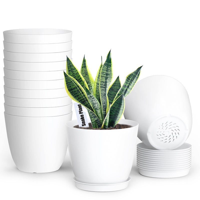SwinDuck Plant Pots, 12 Pack 6 inch Modern Plastic Planters with Drainage Holes and Saucers for Indoor Outdoor Plants and Flowers, White - Image 1