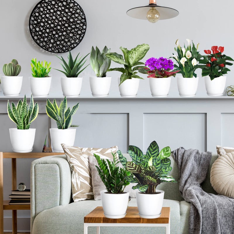 SwinDuck Plant Pots, 12 Pack 6 inch Modern Plastic Planters with Drainage Holes and Saucers for Indoor Outdoor Plants and Flowers, White - Image 2