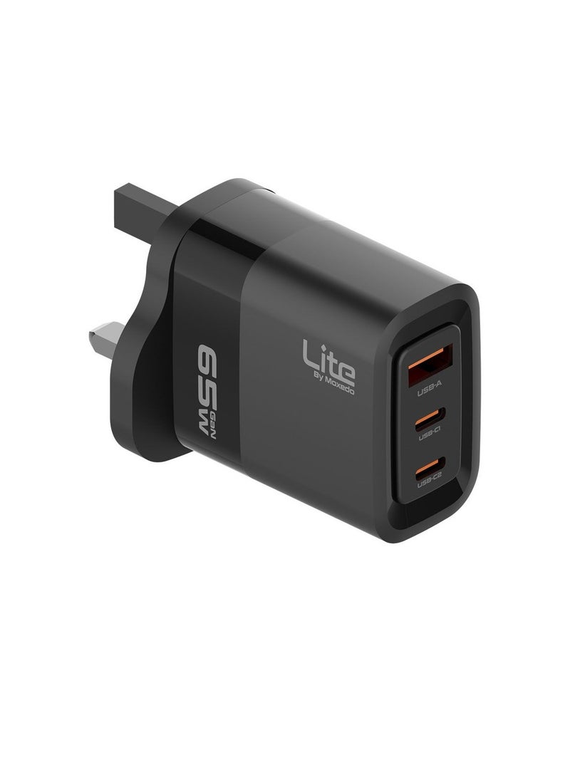 Moxedo Lite 65W GaN Charger Dual USB-C Port / 1 USB-A Port Fast Charging PD 3.0 Compatible for iPhone Series, iPad Pro 12.9, 11, MacBook, Samsung Galaxy S24, Pixel and more. - Image 1