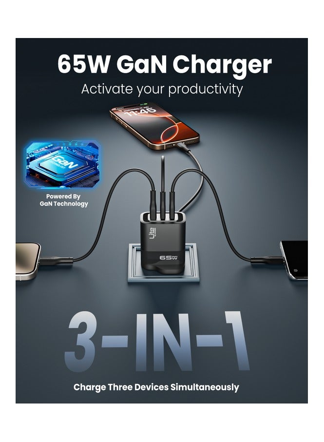 Moxedo Lite 65W GaN Charger Dual USB-C Port / 1 USB-A Port Fast Charging PD 3.0 Compatible for iPhone Series, iPad Pro 12.9, 11, MacBook, Samsung Galaxy S24, Pixel and more. - Image 5