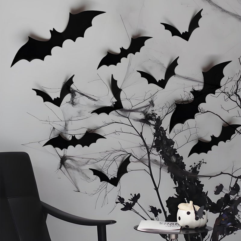 Yumatouch Care processed raw material 60PCS Halloween Bats Decorations, Wall Decor Halloween Party Indoor Outdoor Party Supplies, Reusable PVC 3D Black Bats Stickers for DIY Home Window Door, 4 Sizes Bat Individual group scene compatible - Image 5