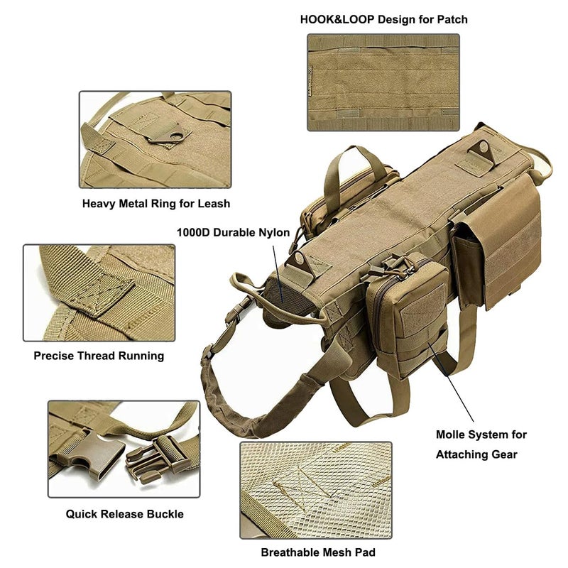 AZB Tactical Dog Vest Harness Heavy Duty Dog Harness with 3 MOLLE Bags&1 Bungee Leash - Image 2