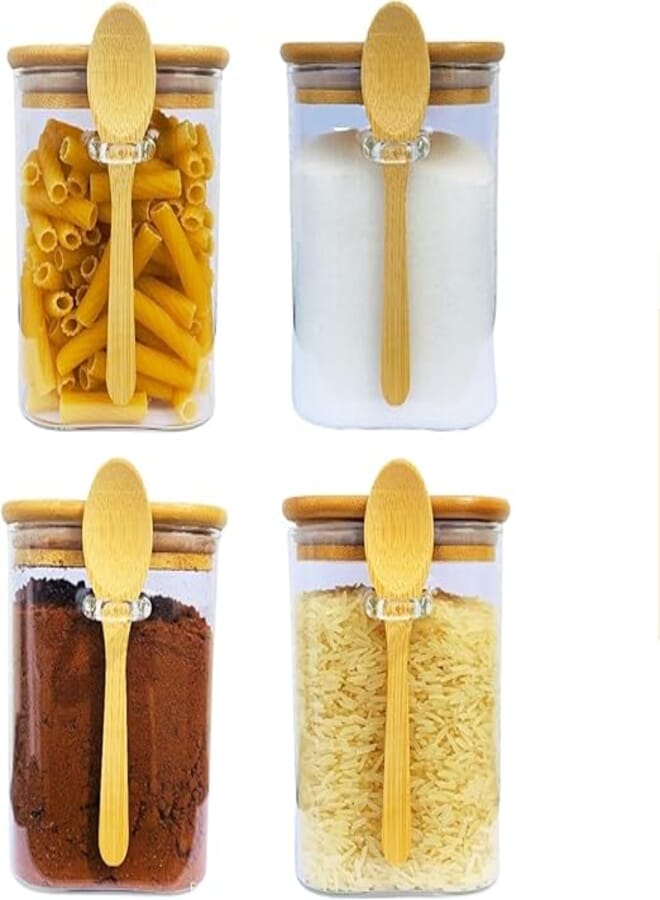 Square Glass Storage Jars (200ml) with Bamboo Airtight Lids and Spoon - Kitchen Organization, Food Storage Containers (4 Pack)