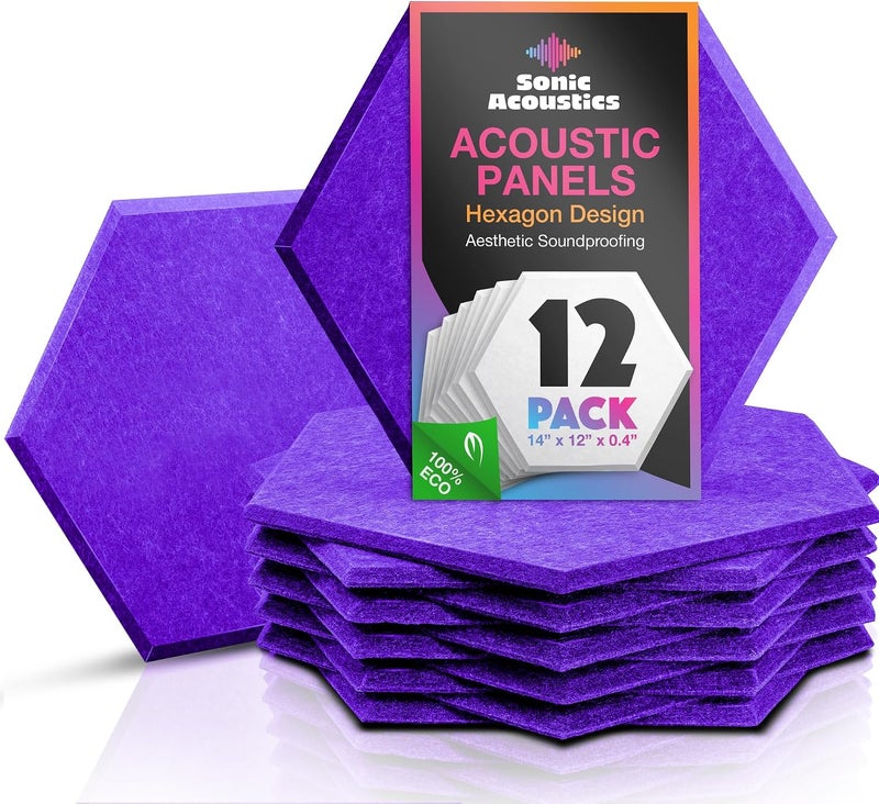 Sonic Acoustics حزمة من 12 لوحة صوتية هكسائية من ، مقاسات 14" × 12" × 0.4"، عالية الكثافة، تمتص الصوت، عازلة للصوت، بحواف مائلة، للاستخدام في الاستوديوهات، لون بنفسجي - Image 1