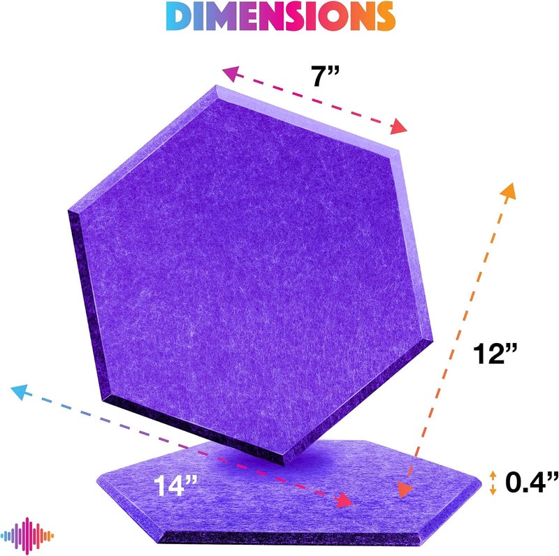 Sonic Acoustics حزمة من 12 لوحة صوتية هكسائية من ، مقاسات 14" × 12" × 0.4"، عالية الكثافة، تمتص الصوت، عازلة للصوت، بحواف مائلة، للاستخدام في الاستوديوهات، لون بنفسجي - Image 4