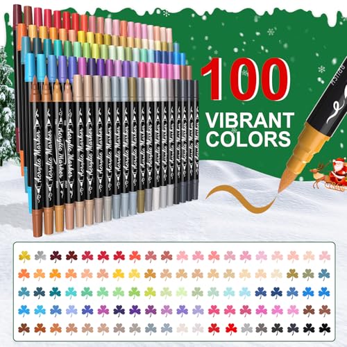 TOSHARE 100 Colors Acrylic Paint Markers Waterproof Dual Tip Acrylic Paint Pens with Brush & Fine Tip Professional Marker Set Scrapbook Markers for Paper Rock Wood Fabric Glass Ceramic and DIY Crafts - Image 2