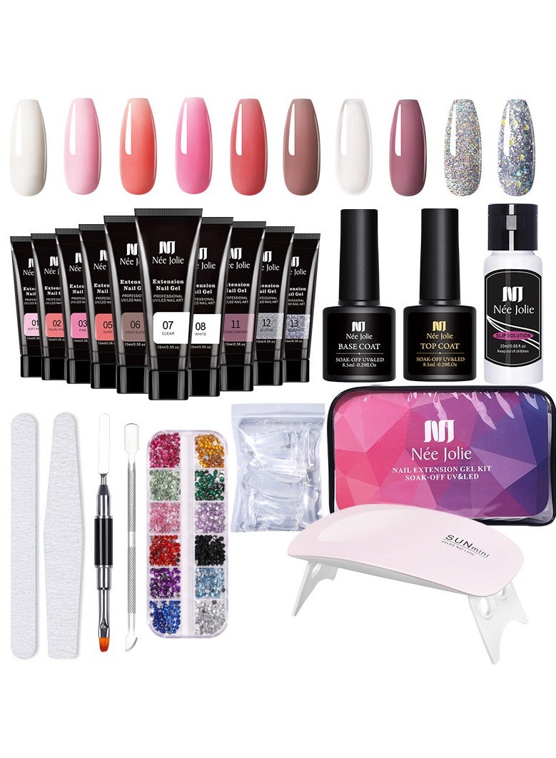 Nee Jolie 10-Color Poly Gel Nail Kit with UV Lamp, Nail Extension Gel Gift Set - Image 1