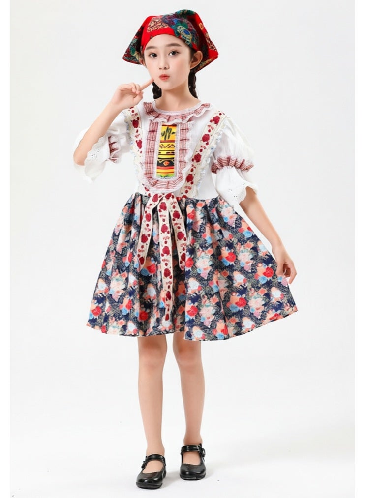 liannaner Kids Traditional Folk Costume Dress, Girls Floral Print Ethnic Outfit with Headscarf, European Peasant Style Dress for Halloween & Cultural Events - Image 1