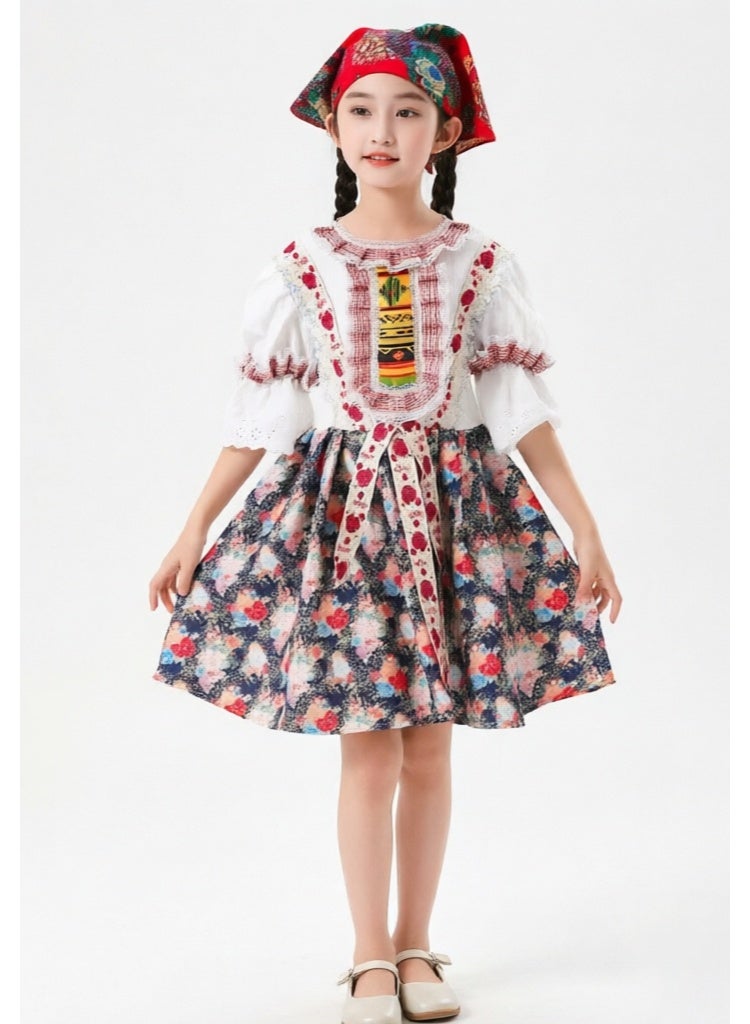 liannaner Kids Traditional Folk Costume Dress, Girls Floral Print Ethnic Outfit with Headscarf, European Peasant Style Dress for Halloween & Cultural Events - Image 2