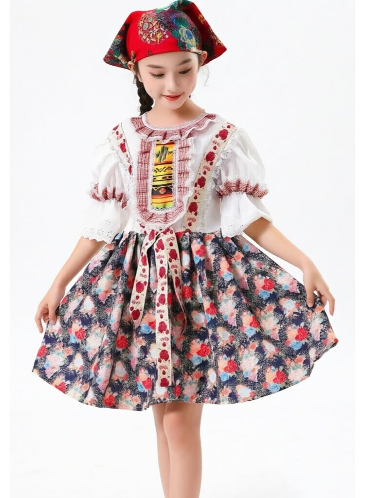 liannaner Kids Traditional Folk Costume Dress, Girls Floral Print Ethnic Outfit with Headscarf, European Peasant Style Dress for Halloween & Cultural Events - Image 3